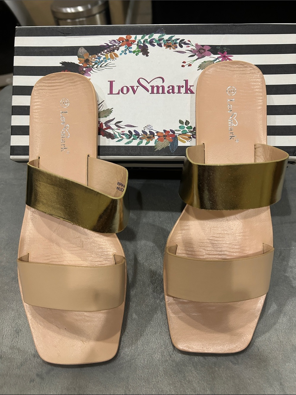 Lovemark Nude and Gold Double-Band Slide Sandals - Women's